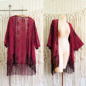 {euc} Cranberry Sheer Lace Tassel Fringe Kimono 🌙